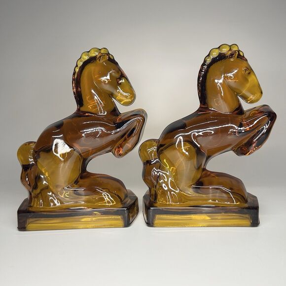 Vintage Rare L.E. Smith Amber Satin Glass Rearing Horse Bookends Pair Of 2 MCM - Picture 2 of 13